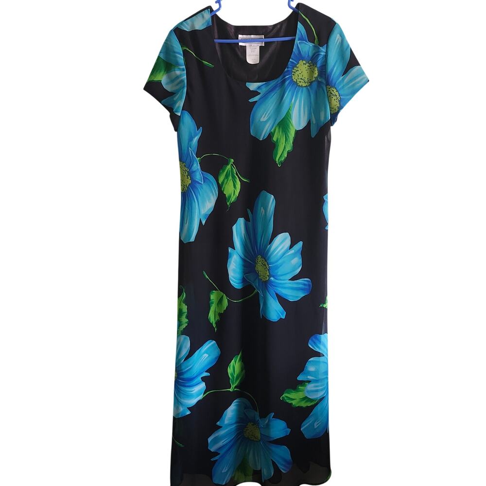 Vintage Jessica Howard Maxi Dress Black with Bright Blue Floral Size 16